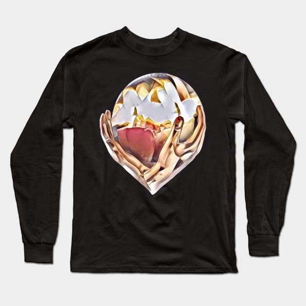 Hands holding a fireball. Cubism Long Sleeve T-Shirt by Evgeniya